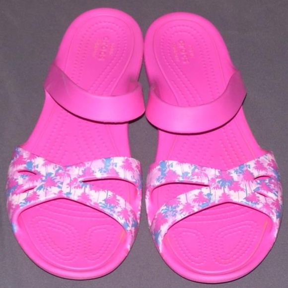 pink crocs with palm trees